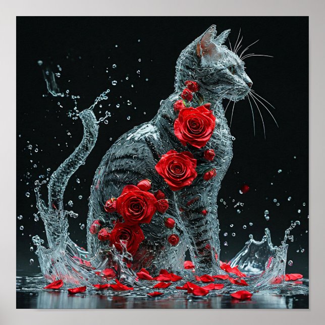 Poster Chat d'eau entouré de roses rouges fantaisie roman (Devant)