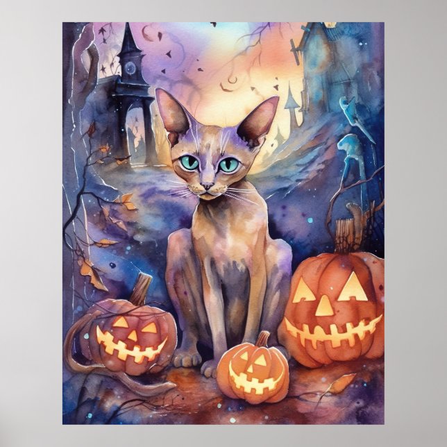 Poster Chat d'Halloween Abyssinian avec la peur Citrouill (Devant)