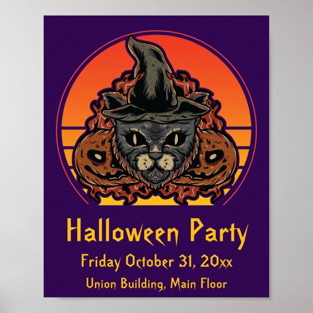 Poster Chat d'Halloween en sorcière Casquette Abra Cadabr (Devant)