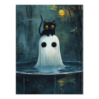 Poster Chat d'Halloween et fantôme dans la piscine