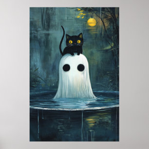 Poster Chat d'Halloween et fantôme dans la piscine