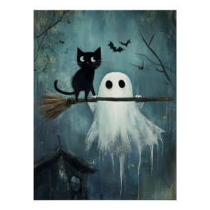 Poster Chat d'Halloween et fantôme volent dans la chambre