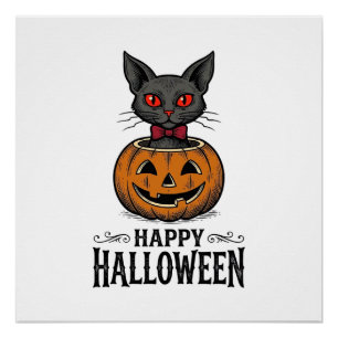 Poster Chat d'Halloween Mignon Citrouille Vintage Épouvan
