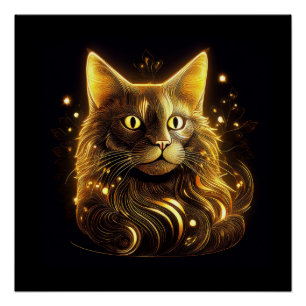 Poster Chat doré néon fantastique