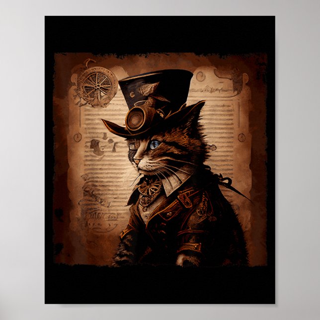 Poster Chat drôle cowboy Steampunk (Devant)