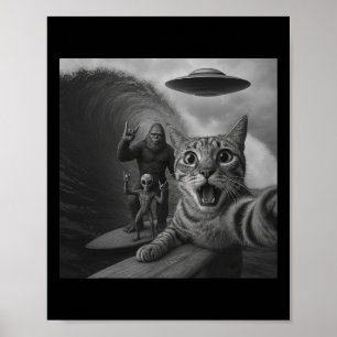 Poster Chat Drôle de Surfeur Selfie Avec Ufo Géant Alien 