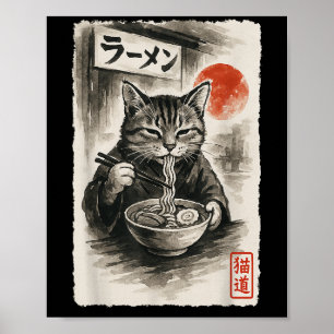 Poster Chat drôle Manger Ramen nouilles Sumi-e Japonais K
