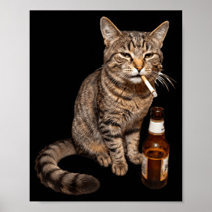 Poster Chat drôle qui fume et boit de la bière mème stupi