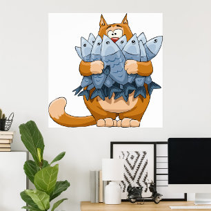 Poster Chat Drôle Tenant un Poisson Dessin Animé Kitty Af