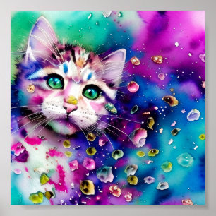 Poster Chat éclaboussé d'aquarelle