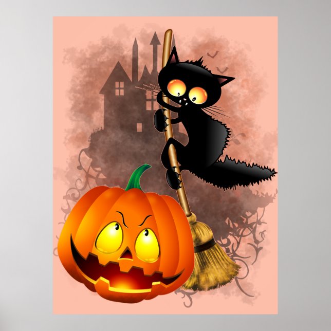 Poster Chat effrayé par Citrouille Fun Halloween caractèr (Devant)