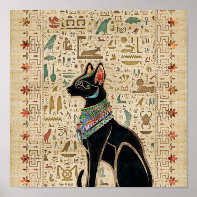 Poster Chat égyptien - Bastet sur le papyrus (Devant)