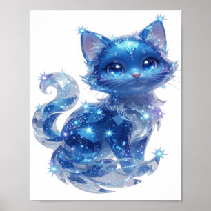 Poster Chat élégant argenté étoiles bleues