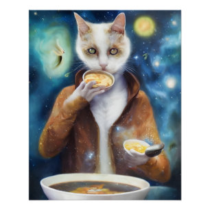 Poster Chat en combinaison de jumpsuit manger soupe à bas
