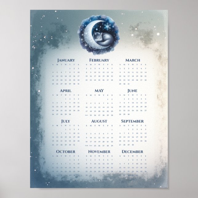 Poster Chat endormi sur le calendrier lunaire 2026 Rêveur (Devant)