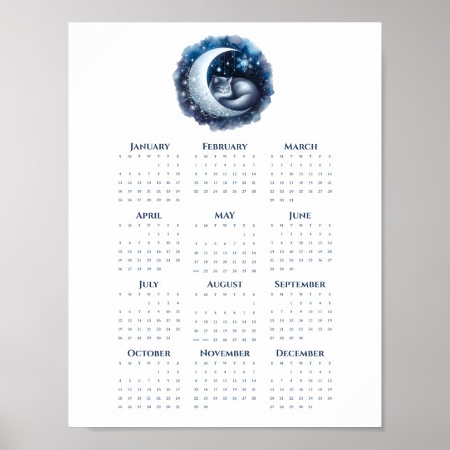 Poster Chat endormi sur le calendrier minimaliste de la L (Devant)