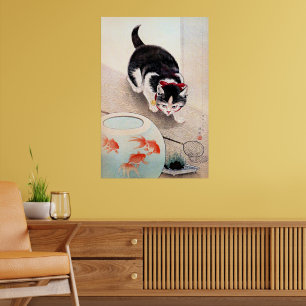 Poster Chat et bol à poissons rouges