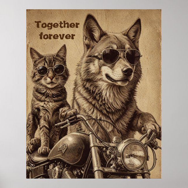 Poster Chat et chien pour toujours ensemble bikers (Devant)