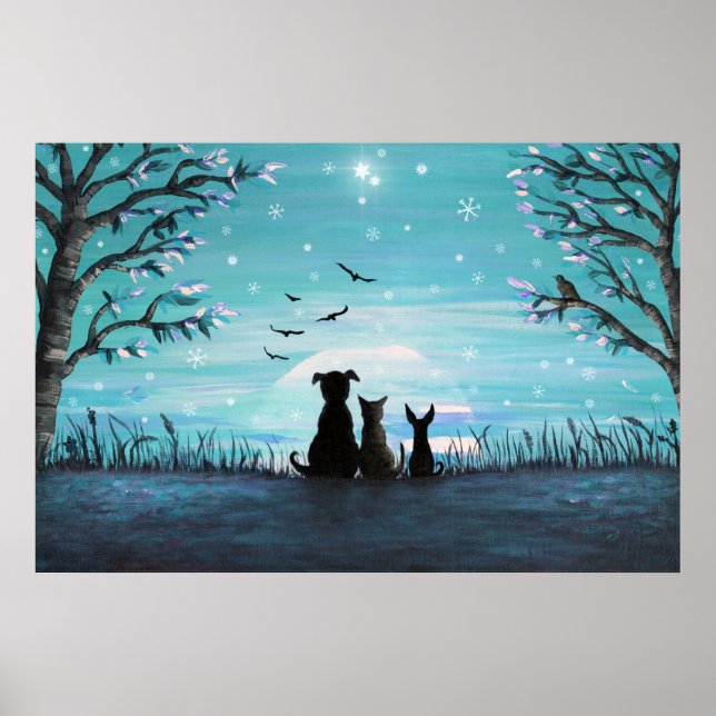 Poster Chat et chiens Coucher de soleil hivernal (Devant)