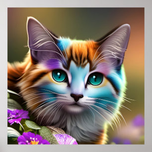 Poster chat et fleurs bleu et rouille calico