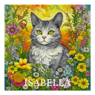 Poster Chat et fleurs fantaisistes personnalisés