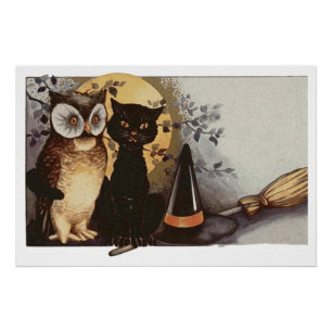 Poster Chat et hibou noirs d'Halloween