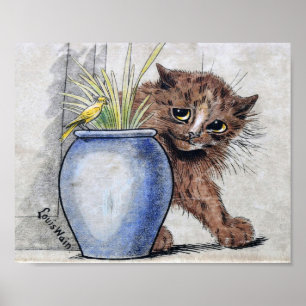 Poster Chat et petit oiseau jaune, Louis Wain
