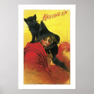 Poster Chat et sorcière d'Halloween vintage