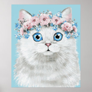 Poster Chat floral blanc doux