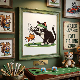 Poster Chat golfeur drôle pêchant dans un obstacle d'eau