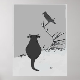 Poster Chat gris à triage avec oiseau