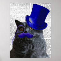 Chat gris avec chapeau bleu et moustache bleue