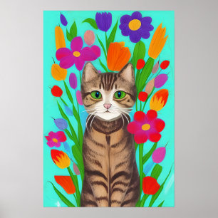 Poster Chat gris mignon avec Fleurs colorées