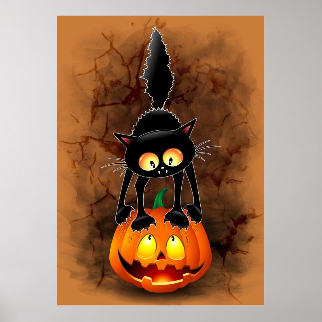Poster Chat Halloween personnage de dessin effrayé debout (Devant)