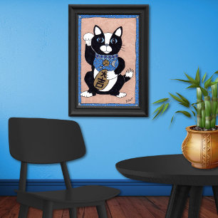 Poster Chat japonais Lucky Tuxedo Maneki Neko Art folklor