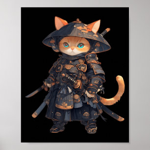 Poster Chat japonais samouraï kawaii chat ninja neko