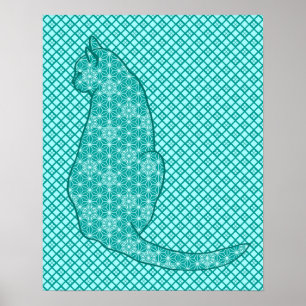 Poster Chat japonais - Turquoise et Aqua
