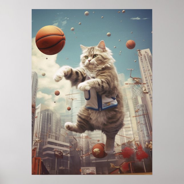 Poster Chat Jouant Au Basket (Devant)