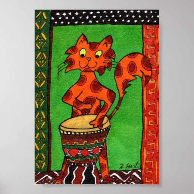 Poster Chat Jouer Djembe Africain Drum Mini Art Folk (Devant)