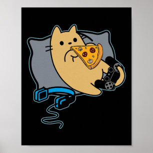 Poster Chat joueur gourmand de pizza nerd jeu en pause
