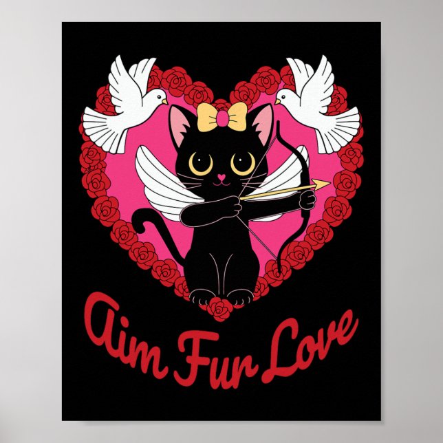 Poster Chat Kawaii Noir Cupide Avec Coeur Et Fourrure De  (Devant)