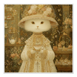 Poster Chat Lady Snow – Chat victorien avec tasse à thé