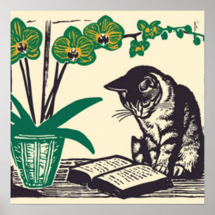 Poster chat, livre, livres, chaton, lecture, mignonette, 
