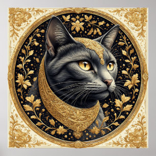 Poster Chat majestueux avec des détails floraux dorés orn