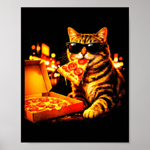 Poster Chat mème drôle avec lunettes de soleil mange pizz