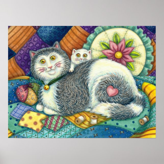 POSTER CHAT MÈRE & CUISINE, QUILTS EN PATCHWORK, PINCUSHI (Devant)