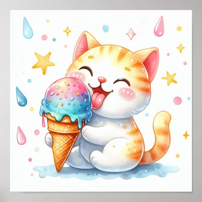 Poster Chat mignon à l'aquarelle mangeant une glace Fanta (Devant)