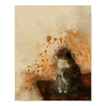 Chat mignon assis sur une table aquarelle