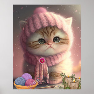Poster Chat mignon avec chapeau en tricot rose et écharpe
