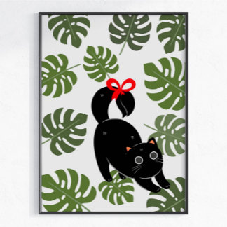 Poster Chat Mignon Avec Feuilles de Monstera à Nœud